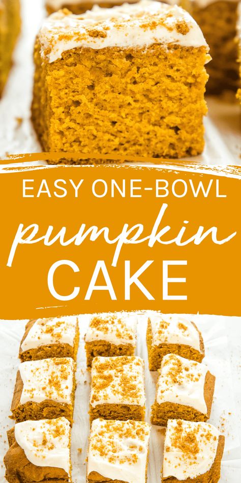 This Easy Pumpkin Cake recipe is an easy-to-make one bowl pumpkin cake that's tender, moist & topped with a simple cream cheese frosting! Recipe from thebusybaker.ca! #pumpkincake #easypumpkincake #pumpkincakewithcreamcheesefrosting #pumpkincakerecipe via @busybakerblog Pumpkin Drop Cake, Pumpkin Custard Cake Recipe, Small Pumpkin Cake Recipe, Small Pumpkin Cake, Pumpkin Cake Healthy, Easy Pumpkin Cake Recipes, Simple Pumpkin Cake Recipe, Simple Cream Cheese Frosting, Easy Pumpkin Cake