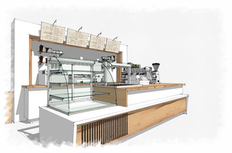 Coffee bar sketchup. Like the style of this 3d Bar Design, Coffee Shop Design Drawing, Coffee Bar Drawing, Cafe Concept Ideas, Commercial Coffee Bar Design, Bar Coffee Design, Coffee Bar Interior Design, Coffee Shop Counter, Hand Rendering