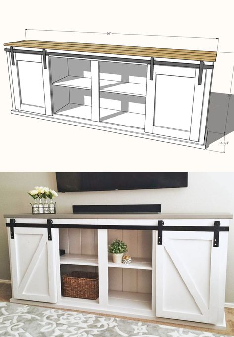 Coffee Bar Dining Room, Console Bedroom, Diy Tv Console, Barn Door Tv Console, Bedroom Console, Tv Stand Plans, Barn Door Cabinet, Barn Door Console, Bar Dining Room