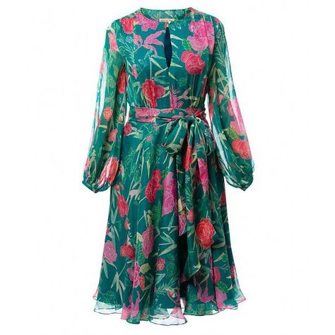 Green and pink floral print knee-length dress. Long sleeves. Softly pleated A-line skirt. Self-tie belt at waist. Button fastening at front. Material: Silk Chiffon Floral Silk Dress Long, Sifon Dress Chiffon, Chiffon Dress Designs Style, Shifon Dress Chiffon Style, Chiffon Dress Styles, Floral Chiffon Dress Short, Chiffon Dress Long Casual, Chiffon Dress Casual Classy, Chiffon Dress Design