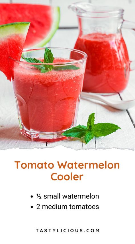 Watermelon-Tomato Cooler Recipe | tomato watermelon juice benefits | Watermelon Tomato Cooler | tomato juice for high blood pressure | tomato juice recipe ideas Tomato Drinks Recipe, Watermelon Juice Recipe Juicers, Juice For High Blood Pressure, Watermelon Juice Benefits, Watermelon Rind Recipes, Tomato Smoothie, Tomato Juice Recipes, Watermelon Juice Recipe, Kidney Healthy Foods