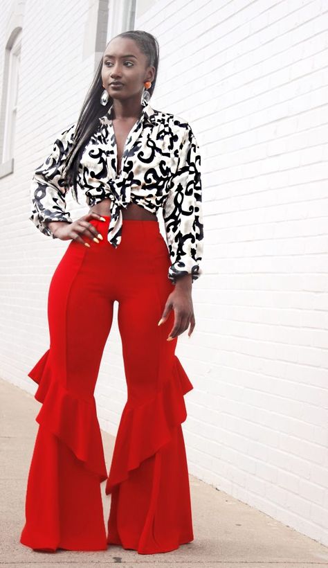 Print Blouse from @nicolekaine- Code PINTEREST20  Bell Bottom Pants, wide leg pants, red pants, red wide leg pants Pants Wide Leg Outfit, Bell Bottoms Pants, 2piece Outfits, African Print Dress Designs, Classy Dress Outfits, Classy Casual Outfits, Latest African Fashion Dresses, Red Pants, Bell Bottom Pants