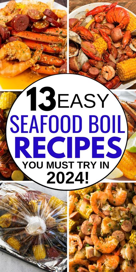 Text reads 15 Easy Seafood Boil Recipes You Should Try in 2024 Shrimp Boil In Turkey Fryer, Seafood Boil On Grill, Seafood Boil Ingredients List, Recipe For Seafood Boil, Small Seafood Boil Recipes, Seafood Boil Packets, Individual Seafood Boil Bags, Camping Seafood Boil, Non Spicy Seafood Boil