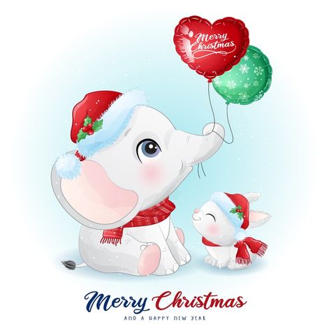 Doodle Elephant, Merry Christmas Greeting Card, Cute Doodle, Merry Christmas Card Greetings, Merry Christmas Greetings, Winter Animals, Christmas Greeting Card, Christmas Templates, Cute Elephant