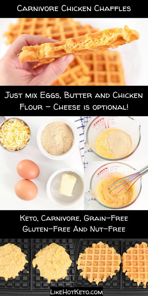 A large chicken waffle, ingredients to make - eggs, chicken flour, butter and cheese, the mixed ingredients and the waffle batter in the waffle iron. Ground Chicken Waffles, Dairy Free Carnivore, Chicken Flour Recipe, Chicken Chaffles, Breakfast Chaffle, Chicken Waffles Recipe, Carnivore Bread, Ketovore Diet, Starch Diet