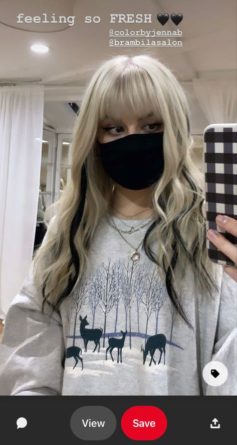 Platinum Blonde Hair With Black And Red Streaks, Blonde Hair With Black Lowlights Underneath, Backwards Balayage Blonde Hair, Blonde Hair Black Money Piece, Platinum Blonde Hair With Color Pop, Platinum Blonde Hair With Black Streaks, Blonde Hair With Black Lowlights, Black Under Blonde Hair, Blonde On Top Black Underneath