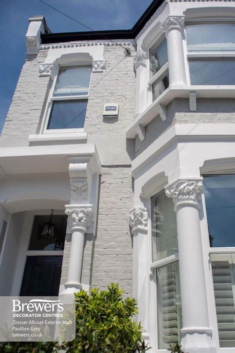 J&N Finishes has refreshed this beautiful Victorian residential property and given it a modern twist, with the cool grey and white combo. Using Zinsser Allcoat Exterior Matt in Pavilion Grey on the Masonry of this home, and Zinsser Allcoat Exterior Satin in White on the woodwork. These colours give the property a fresh and clean look in all weather 🌧 Follow the link to shop Zinsser Exterior Paints 👍 Masonry Paint Colours, Exterior Wood Paint, Dulux Weathershield, Pavilion Grey, House Colours, Masonry Paint, Masonry Work, Wood Paint, Paint Brands