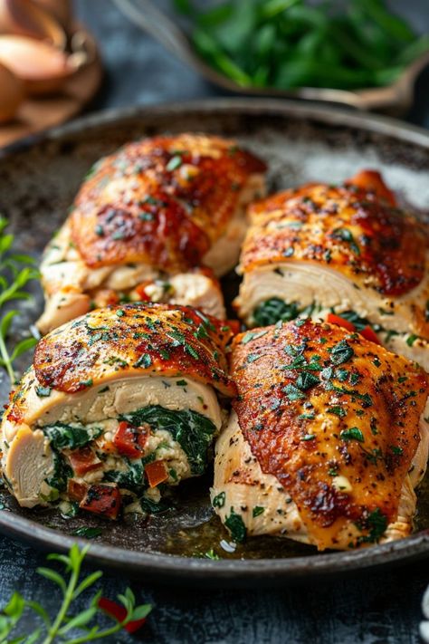 Spinach Feta Stuffed Chicken Breast, Dairy Free Stuffed Chicken Breast, 5 Star Meals At Home, Chicken Goat Cheese Recipes, Food With Chicken Breast, Stuff Chicken Breast Recipes Easy, Feta Chicken Recipes, Stuffed Chicken Breast Recipes Baked, Stuffed Chicken With Spinach