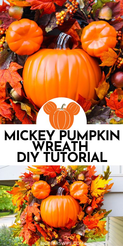 Diy Mickey Pumpkin Wreath, Disney Fall Wreaths, Diy Disney Halloween Wreath, Diy Disney Wreaths For Front Door, Mickey Mouse Pumpkin Wreath, Mickey Mouse Fall Wreath, Disney Fall Wreaths Diy, Disney Fall Decorations Diy, Mickey Pumpkin Wreath