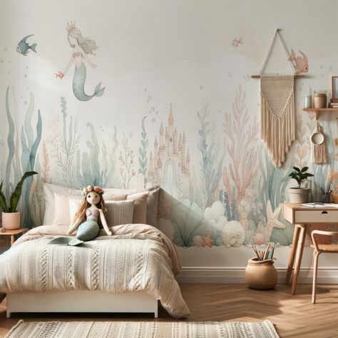 Orange Peel Wall Texture, Mystical Mermaid, Mermaid Wallpaper, Magical Underwater, Watercolor Mural, Mermaid Bedroom, Mermaid Nursery, Mermaid Wallpapers, Mermaid Room