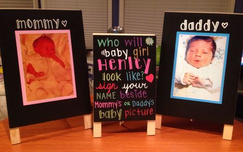 Baby Shower - Who will baby look like?  1. 3 Chalkboards, 2 large, 1 medium 2. Baby Picture of Mommy 3. Baby Picture of Daddy 4. Chalk Markers Baby Shower Pictures Of Parents, Bridal Shower Pictures, Baby Ellie, Baby Shower Pictures, Disney Baby Shower, Mom Pictures, Dad Baby, Parents Baby, Chalk Markers