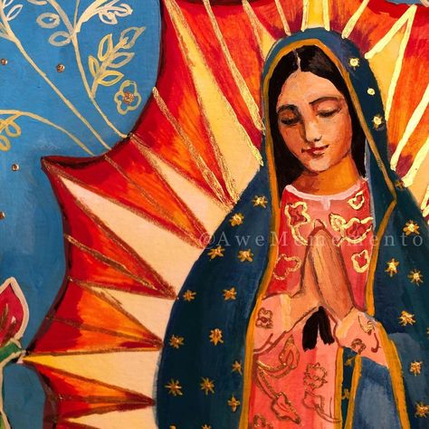 Mexican Catholic Art, Mexican Paintings, Virgin Mary Art, Whimsical Art Paintings, Golden Painting, Artwork Gifts, Art Painting Gallery, Woman Portrait, Abstract Portrait