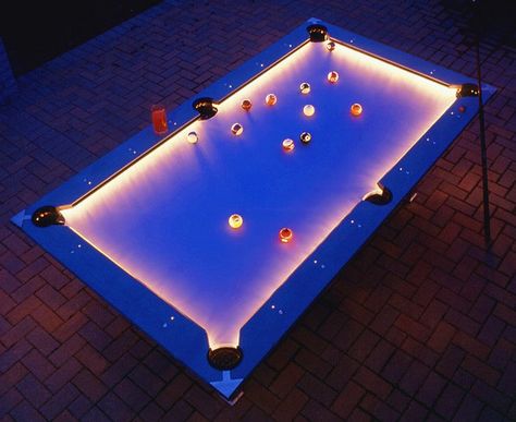 Glowing pool table. Much more fun at night Outdoor Pool Table, Custom Pool Tables, Pool Rooms, Have Inspiration, Cool Pools, Pool Table, Billiard Table, Outdoor Fun, Billiards