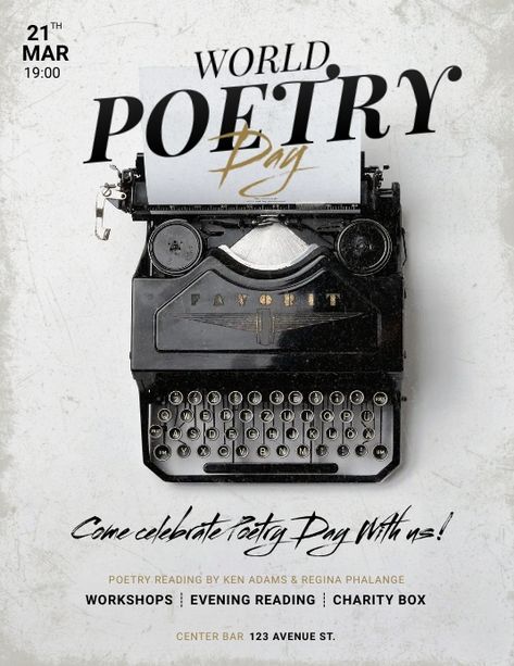 World Poetry Day Flyer Template | PosterMyWall Poetry Day Ideas, World Poetry Day Creative Ads, World Poetry Day Poster, Poetry Event Poster, All Souls Day Poster, Poetry Poster Design, Poetry Layout, Interlochen Arts Academy, Poetry Night