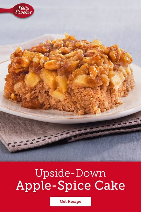 Apple Upside Down Cake Mix Betty Crocker, Cake Mix And Apples Recipe, Boxed Spice Cake Recipes Ideas With Apples, Boxed Spice Cake Mix Ideas, Pecan Pie Upside Down Cake Betty Crocker, Spice Cake Mix And Apples, Apple Cake Using Spice Cake Mix Boxes, Betty Crocker Spice Cake Recipes, Upside Down Apple Spice Cake