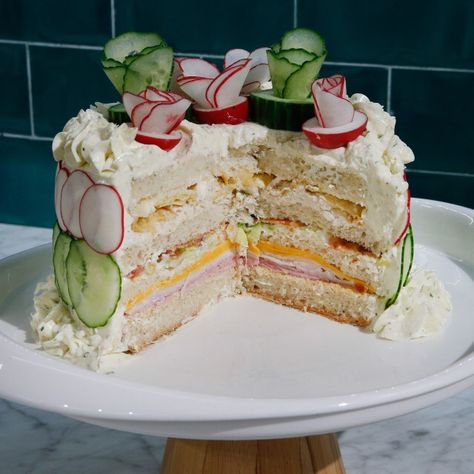 Tea Sandwich Cake, Sandwich Cakes Ideas, Savoury Cake Ideas, Lady Luncheon Ideas Food, Swedish Sandwich Cake, Smorgastarta Sandwich Cake, Cake Sandwich Ideas Desserts, Cake Sandwich Ideas, Sandwich Loaf Recipe