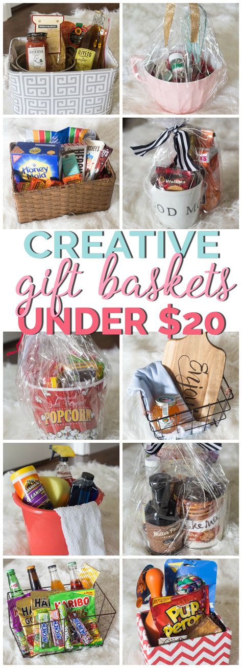 Creative Gift Basket Ideas Under $20 Creative Gift Basket Ideas, Creative Gift Baskets, Homemade Gift Baskets, Christmas Gift Baskets Diy, Aesthetic Creative, Boyfriend Gift Basket, Best Gift Baskets, Kids Gift Baskets, Baskets For Men