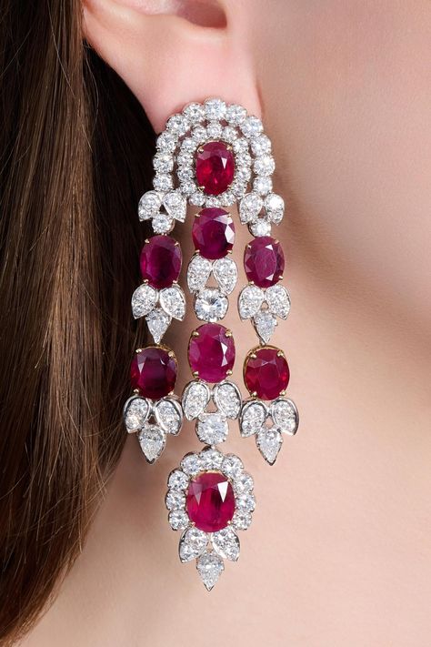 Pair of ruby and diamond pendent ear clips | Important Jewels | 2023 | Sotheby's Diamond Earrings Indian, Ruby Earring, Dramatic Earrings, Diamond Chandelier Earrings, Tiaras Jewellery, The Bling Ring, Diamond Pendent, Diamond Earrings Design, Jewellery Design Sketches