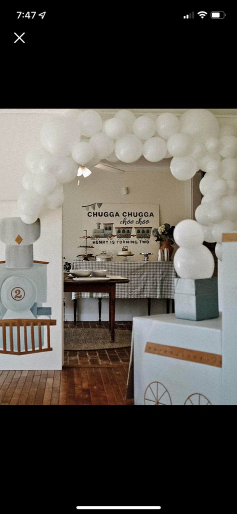 Vintage Train Birthday Party Decoration, Modern Train Party, Chugga Chugga Two Two Food Ideas, Low Key 2nd Birthday Party, Two Two Cute 2nd Birthday Party Train, Train Baby Shower Theme Boys, 2 Train Birthday Party, Train Party Balloon Arch, Train Theme Baby Shower Ideas