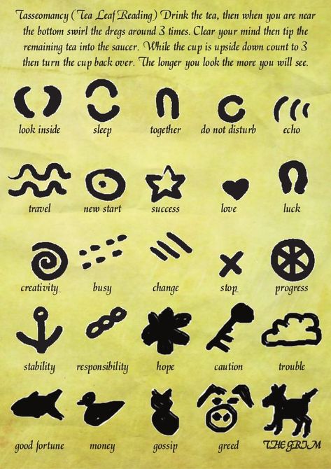 Tea Leaf Reading (Tasseomancy) Chart for Harry Potter Party. Pour a little freshly brewed leaf tea from a teacup into a cup and saucer. Swirl the remains three times then tip into the saucer. Study the tea leaves left in your cup - what can you see? Reading Tea Leaves Symbols, Tea Cup Reading, Harry Potter Tea Leaf Reading, Tea Leaf Reading Cups, Tea Reading Cup, Fortune Telling Tea Cup, How To Read Tea Leaves Cups, Tasseomancy Symbols, How To Read Tea Leaves