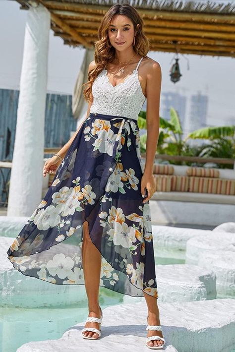 Blooming Jelly Women's Deep V Neck Sleeveless Summer Asymmetrical Floral Maxi Dress Form Fitting Maxi Dress, Luau Dress, Maroon Lace Dress, Lulus Maxi Dress, Black Floral Skirt, Empire Waist Maxi Dress, Boho Floral Dress, Red Dress Maxi, Women Halter