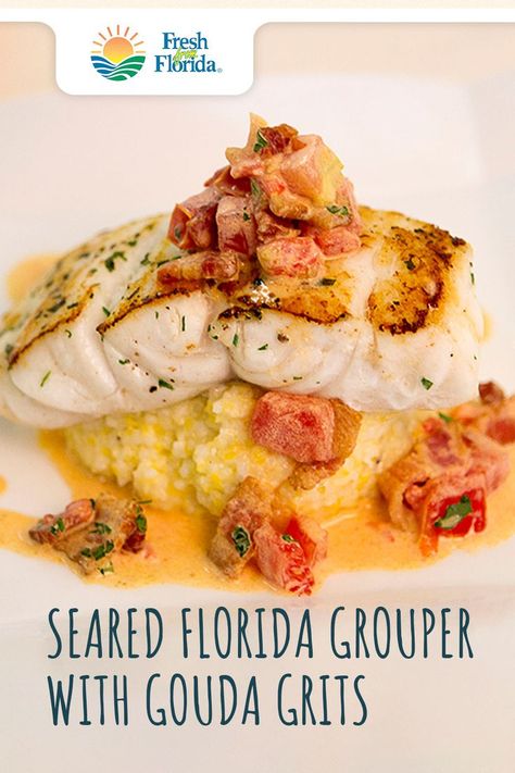 Breakfast Casserole With Grits, Smoked Gouda Grits, Grouper Fish Recipes, Fish And Grits, Gouda Grits, Grouper Recipes, Bacon Gravy, Fish Entrees, Fish Dinner Recipes