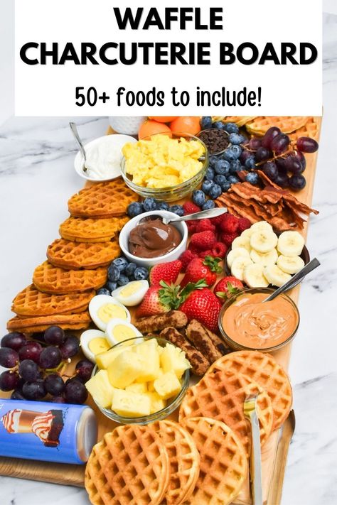 Indulge in the ultimate breakfast board with our Waffle Charcuterie Board recipe! Create a stunning display of crispy waffles, savory sausage links, crispy bacon, and an array of sweet and savory toppings. A waffle board is perfect for brunch or special occasions, this customizable board will delight your taste buds and impress your guests. If you need Waffle charcuterie board ideas, check out the huge list of toppings and sides to make the perfect waffle brunch board! Breakfast Meat Charcuterie Board, Waffle Charcuterie Board, Traditional Charcuterie Board, Waffles Savory, Waffle Brunch, Waffle Board, Breakfast Charcuterie Board, Crispy Waffles, Brunch Board