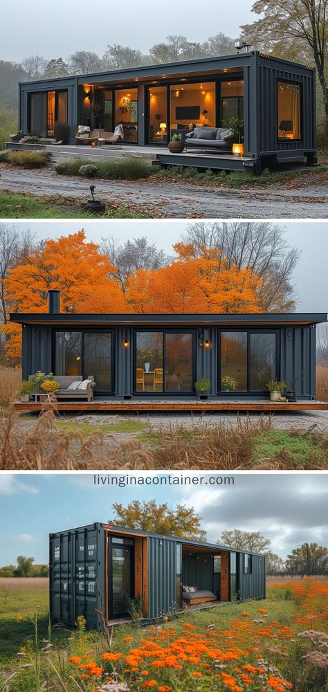 Explore the elegance of this sleek charcoal container home, a serene escape surrounded by autumnal beauty. #shippingcontainerhomes #architecture #containerhouse #containerhousedesign #containerhouseideas #containercabin #tinyhousedesign #containerhomes #housedesign #beforeandafterhome Wohne Im Tiny House, Tiny Container House, Shipping Container Cabin, Shipping Container House Plans, Container Buildings, Tiny House Inspiration, Building A Container Home, Container Architecture, Shipping Container Home