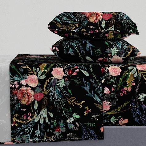 Black Floral Sheets, Dark Floral Bedding, Vibe House, Gothic Bedroom, Ring Security, House Updates, Artfully Designed, Green Bedroom, Etsy Fabric