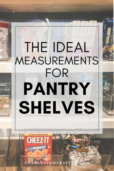 Designing a new pantry but unsure how to space things out? Here are the ideal measurements for pantry shelves! Pantry Shelves Measurements, Standard Pantry Shelf Depth, Best Pantry Shelf Spacing, Ideal Pantry Shelf Heights, Pantry Depth Shelves, Rectangular Pantry Layout, Depth Of Pantry Shelves, Wall Pantry Shelves, Small Pantry Measurements