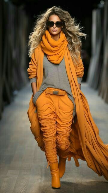 Statement Top Outfit, Creative Elegant Outfit, Orange Fashion Outfits, Orange Outfits For Women, Vibrant Fashion Style, Creative Style Outfits, Bold Colors Outfits, Bold Fashion Outfits, Womans Pants