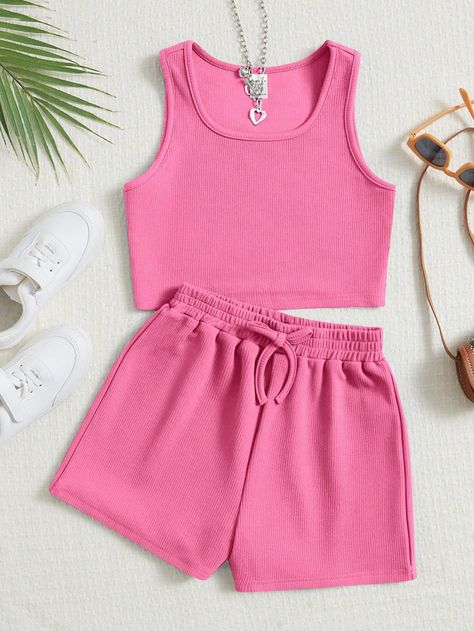 Watermelon Pink Casual Collar   Plain  Embellished Slight Stretch  Tween Girls Clothing Hot Pink Outfit, Adrette Outfits, Cute Dress Outfits, Drawstring Waist Shorts, Solid Tank Tops, Belle Rose, Cute Preppy Outfits, Tween Outfits