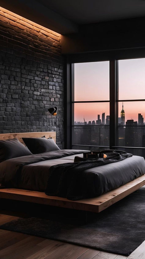 Young Mans Bedroom Ideas, Elegant Modern Bedroom, Young Mans Bedroom, Male Bedroom Ideas, Black Bedroom Design, Low Profile Bed, Masculine Bedroom, Design Journal, Mens Bedroom