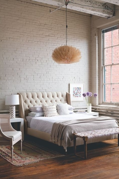 a perfect gray: chalky white painted brick Lamps Decor, Loft Stil, Classy Bedroom, Hanging Lamps, Brick Walls, Luxury Bedroom, White Brick, Cool Ideas, House And Home Magazine