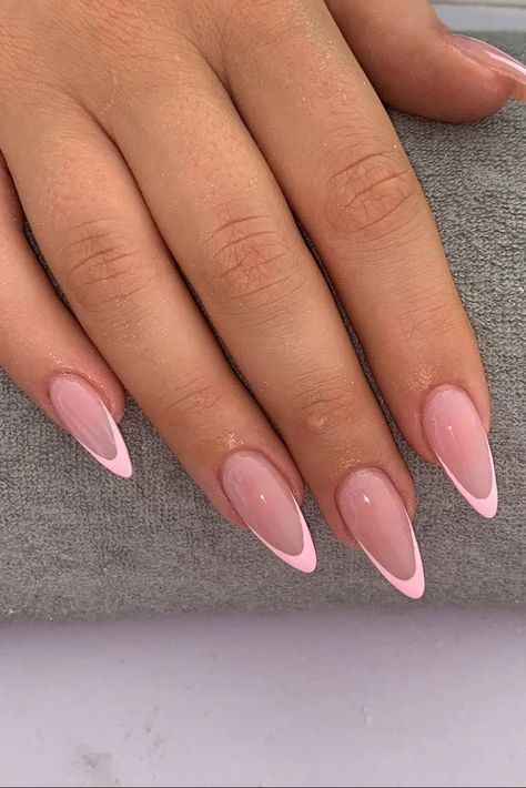 Natural Color Almond Acrylic Nails, Light Pink French Almond Nails, Mandel Shape Nails, Nail Ideas For Summer 2024, Full Colour Nails, Pink French Tip Stiletto Nails, Cute Nail Ideas For Summer 2024, French Nails Rosa, Solid Nail Ideas