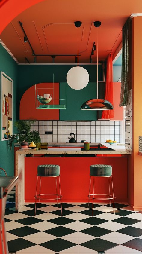 Interior Design Post Modern, Kitchen Design Bright Colors, Vintage Retro Interior, Maximal Interior Design, Bright Colors Interior Design, Retro Future Interior Design, Eclectic Vintage Interior, Bright Modern Interior, Scandinavian Retro Interior