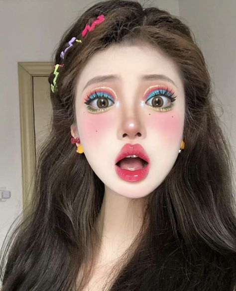 Douyin Colorful Makeup, Summer Douyin Makeup, Dress Outfits Aesthetic, Academia Makeup, Y2k Asian, Retro Ootd, Aesthetic Face, Korean Y2k, 70s Makeup