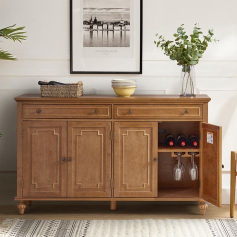 PRICES MAY VARY. ELEGANT FARMHOUSE STYLE: Measuring 58"Wx15.75"Dx35"H. Enjoy the timeless charm of the French Countryside with this exquisite sideboard of our 58'' buffet cabinet. Paired with 4 carved doors and 2 large 24.75"Wx11"Dx2.375"H drawers, it combines modern flair with farmhouse appeal, effortlessly complementing any home decor. WINE DISPLAY SOLUTION: Built-in wine glass holders and bottle holders provide a stylish space for your favorite bottles and glasses, allowing you to easily acce Buffet Wine Cabinet, Buffet With Doors, Bar And Buffet Cabinet, Kitchen Buffet Styling, Tall Sideboard Buffet, China Buffet Cabinet, Buffet With Shelves Above, Built In Bar Dining Room, Coffee Sideboard