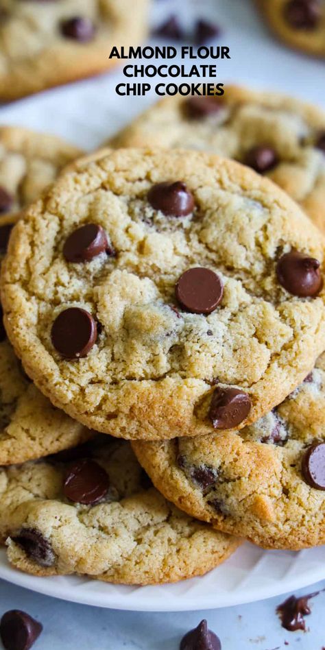 These amazing Almond Flour Chocolate Chip Cookies are deliciously soft with melted chocolate chips. They are also gluten-free and so easy to make! #dessert #Cookies #Holiday Almond Flour Choc Chip Cookies, Almond Flour Valentine Cookies, Almond Flour Chocolate Chip Cookies Easy, Best Almond Flour Chocolate Chip Cookies, Keto Chocolate Chip Cookies Almond Flour, Almond Flour Cookies Chocolate Chip, Nsng Desserts, Almond Flour Desserts, Sugar Free Chocolate Chip Cookies