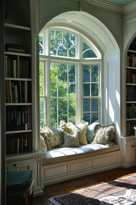 31+ Cozy Reading Nook Concept Ideas Medditeranean Interior, Library Nook, Upstairs Landing, Office Closet, Window Nook, Bedroom Nook, Dream Library, Nook Ideas, Reading Nooks