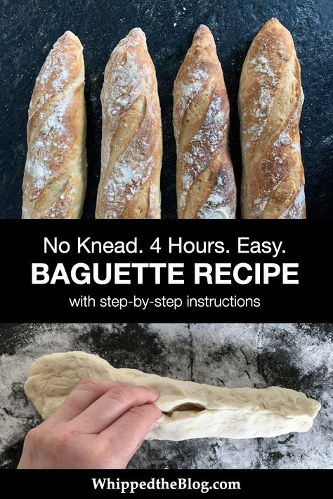 No Knead French Baguette, How To Make French Baguettes At Home, Easy Baguette Recipe Instant Yeast, No Knead Baguette, Homemade French Baguette Recipe, Easy Bagett Recept, Same Day Baguette Recipe, Same Day Sourdough Baguette, No Knead Baguette Recipe