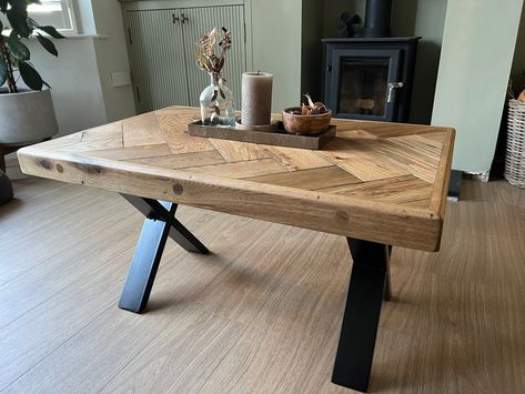 The Oak Herringbone/Parquet Coffee Table  I have a small selection of pre made sizes available, but they can be made to custom sizes & finishes upon request.  Hand Made with FSC sustainability sourced Oak, with oak dowel detail  On the edges With black metal X-shaped legs (Leg height 40cm) other style legs available upon request.  Rustic/Farmhouse style.  Finished with a high quality natural hard wax oil (Food safe) that offers great protection.  Can be made to custom sizes & finishes.  If you h Parquet Table, Charcoal Coffee Table, Herringbone Coffee Table, Chunky Table, Coffee Table Low, Black Sofa Living Room Decor, Wooden Coffee Table Designs, Black Sofa Living Room, Coffee Table Large