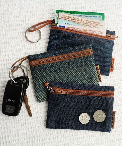 Denim Keychain, Old Jeans Projects, Car Documents, Denim Bag Diy, Denim Bag Patterns, Denim Crafts Diy, Upcycled Jeans, Blue Jeans Crafts, Sewing School