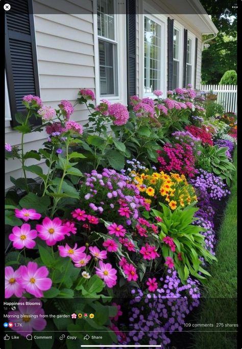 Summer Garden Landscape, Flowers Along Walkway, Cottage Flower Beds In Front Of House, Azaleas In Front Of House, Calla Lily Landscaping Ideas, Wild Flower Garden Ideas Landscapes, House Border Landscape, Flower Bed In Front Of House, Garden Irrigation Ideas Diy