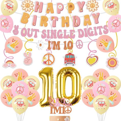 PRICES MAY VARY. Boho 10th Birthday Decorations for Girls：You will receive 1*”happy birthday” banner, 1*“peace out single digits i’m 10” garland, 12*12 inch printed latex balloons (4 pink, 4 yellow, 4 orange), 1*birthday cake topper, 6*hanging swirls, 1*32 inch number 10 foil balloon. Peace Out Single Digits I'm 10 Party Supplies: These lovely beige bohemian hippie party balloons come in pink, yellow and orange color compositions. Colored latex balloons used with banner will make your party glow Boho Birthday Party Decor, Peace Out Single Digits, Boho Birthday Party, Hippie Party, 1st Birthday Cake Topper, Bachelorette Decorations, Girl Birthday Decorations, 1 Birthday, Boho Birthday