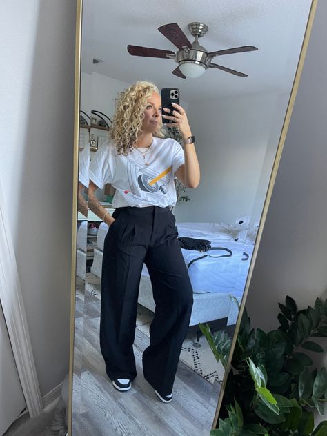 Nike Panda Dunks Outfit Work, Nike Dunk Low Business Casual, Graphic Tee And Wide Leg Pants, Dunks Business Casual, Nike Dunks Work Outfit, Womens Nike Dunk Low Outfit, Vintage Nike Pants Outfit, Wide Leg Pants With Graphic Tee, Graphic Tee Wide Leg Pants