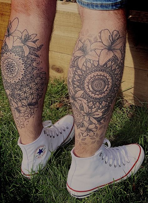 Mandala tattoo leg sleeve. Time to get the rest of my leg some ink I think. What new tattoo shall I get? #tattoo #mandala #mandalatattoo #tattoos #tattoosleeves #tattooideas #tattoodesigns #converse #chucktaylor #menstattoos Mandala Calf Tattoo, Mandala Tattoo Leg Sleeve, Mandala Leg Sleeve, Lower Leg Tattoos For Men, Mandala Tattoo Leg, Tattoo Leg Sleeve, Tattoo Calf, Mandala Tattoos For Women, Fenix Tattoo