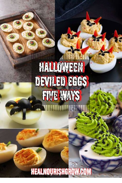 Halloween Food Ideas Deviled Eggs, Zombie Deviled Eggs, Halloween Party Deviled Eggs, Halloween Deviled Eggs Recipe, Appetizers With Eggs, Halloween Devils Eggs, Deviled Eggs Halloween Appetizers, Halloween Devil Eggs Ideas, Devil Deviled Eggs