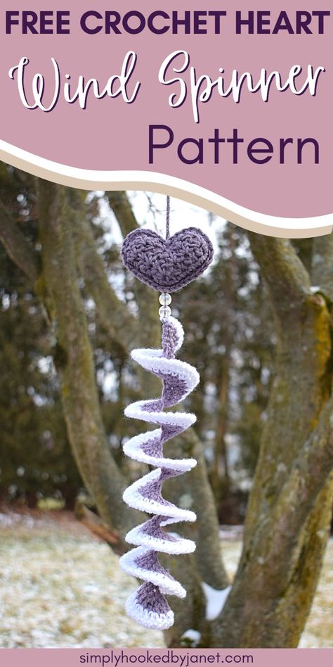 This is a free crochet pattern for a heart wind spinner. This crochet decor pattern uses a worsted weight yarn in 2 colors. Scarp yarn would be great to use for this crochet wind spinner. The crochet puffy heart makes this great for a Valentine's Decoration. Crochet this as a gift for someone. Free crochet pattern by Simply Hooked by Janet. Quick Crochet Pattern. Crochet Puffy Heart Pattern. Crochet Stuffie Heart. Crocheted Wind Spinners Free Pattern, Crochet Windchime, Scarp Yarn Crochet Projects, Crochet Wind Spinners Free Pattern, Wind Spinners Crochet, Crochet Wind Spinner Free Pattern, Crochet Wind Spinner Pattern, Crochet Spinners, Crochet Household Items