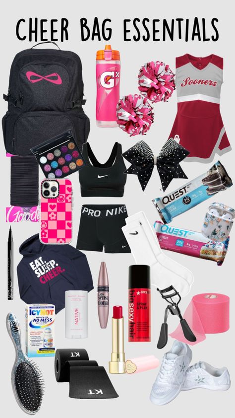 Cheer Practice Bag, Cheer Bag Essentials Practice, Cheer Duffle Bag, Cheer Bag Essentials Game Day, Cheer Fits Practice, What To Keep In Your Cheer Bag, What’s In My Cheer Bag, Cheer Stuff Ideas, What To Put In Your Cheer Bag